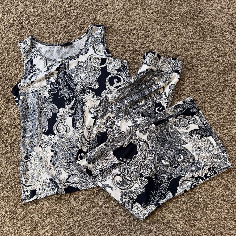 IMAN Global Chic 2-piece Tank & Pant Set High Waist Navy White Metallic Medium